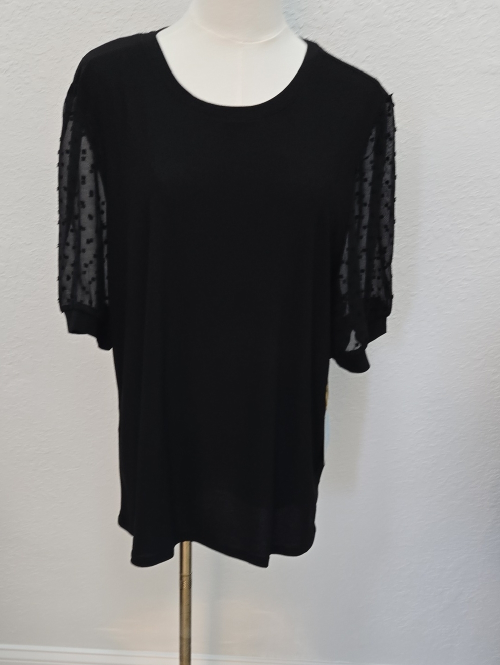 NWT CeCe Black Short Sleeve Tee with Sheer Dot Sleeves
